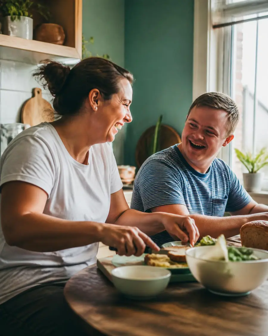 Support worker and participant preparing a meal together at home