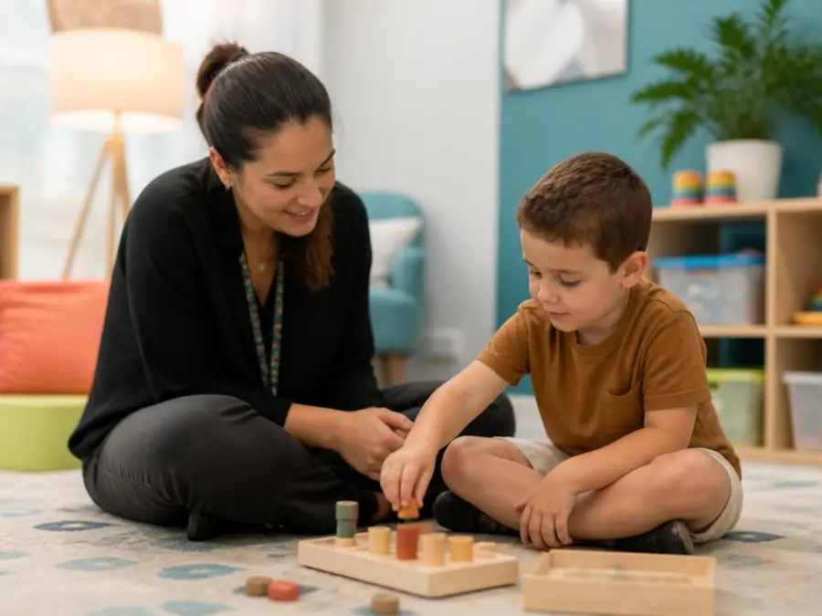 Behaviour support practitioner working with a child in a play-based session