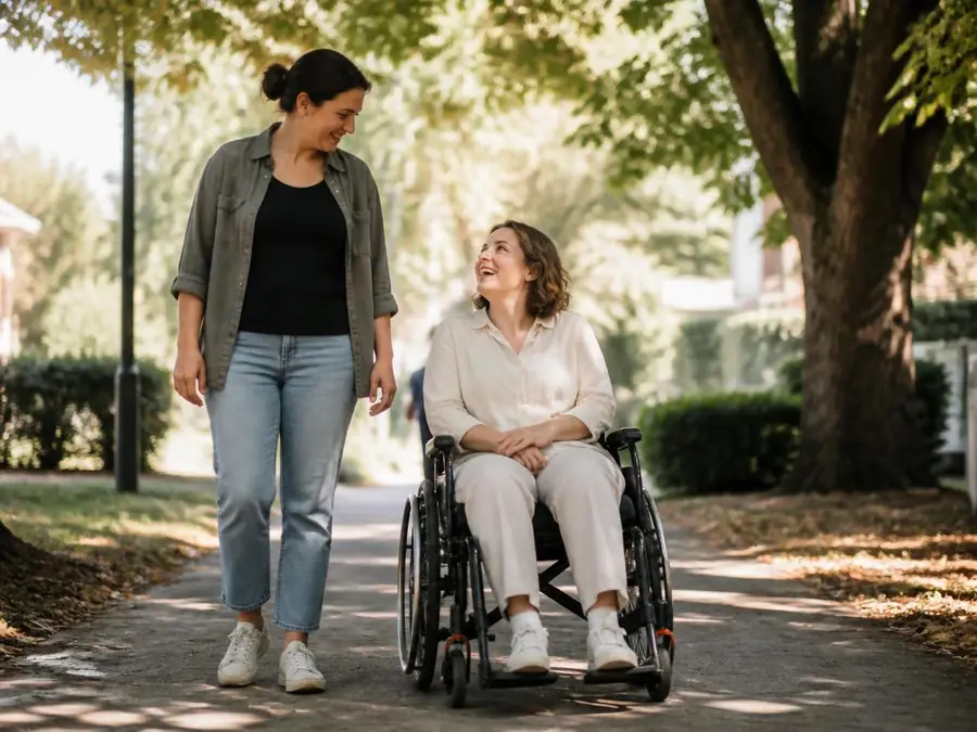 Participant and support worker walking together along a leafy park path