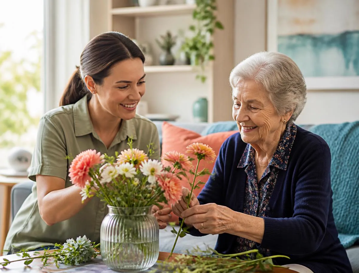 Support worker and an older participant arranging flowers together in a bright home living room